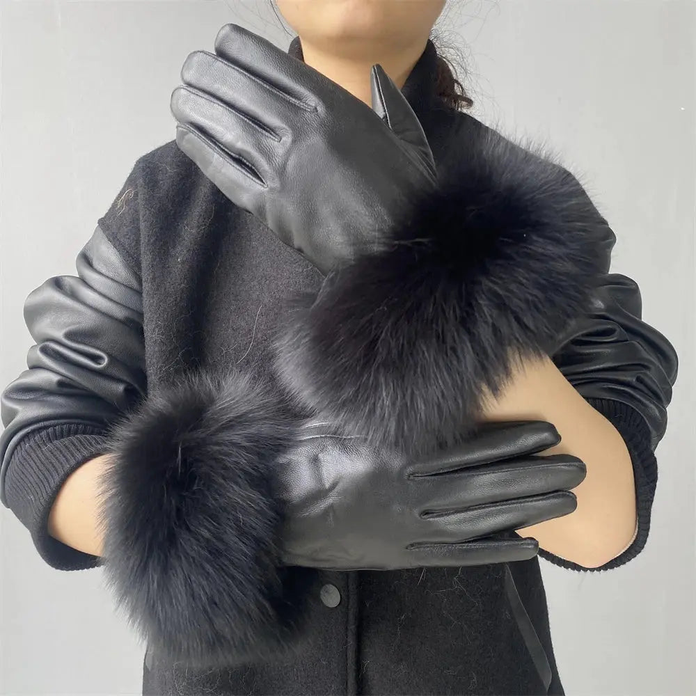 Gloves made of natural sheepskin with natural fur on a warm fluffy lining Family Shopolf