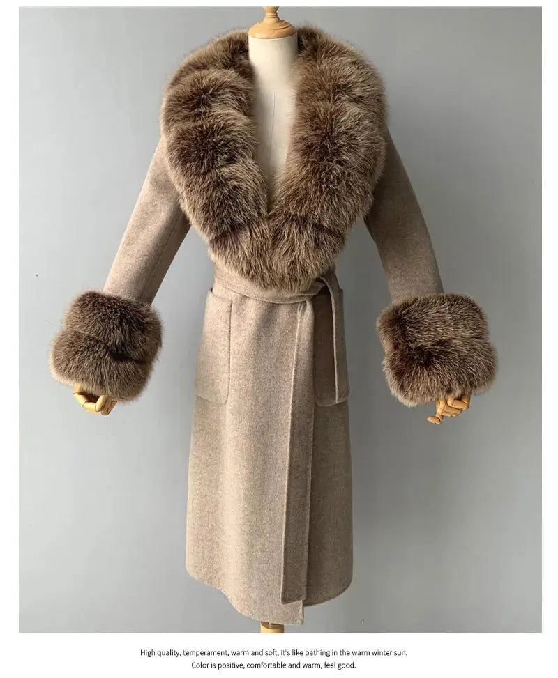 Women's Cashmere and Jasmine Wool Trench Coat with Fur Collar Family Shopolf