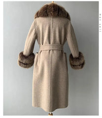 Women's Cashmere and Jasmine Wool Trench Coat with Fur Collar Family Shopolf