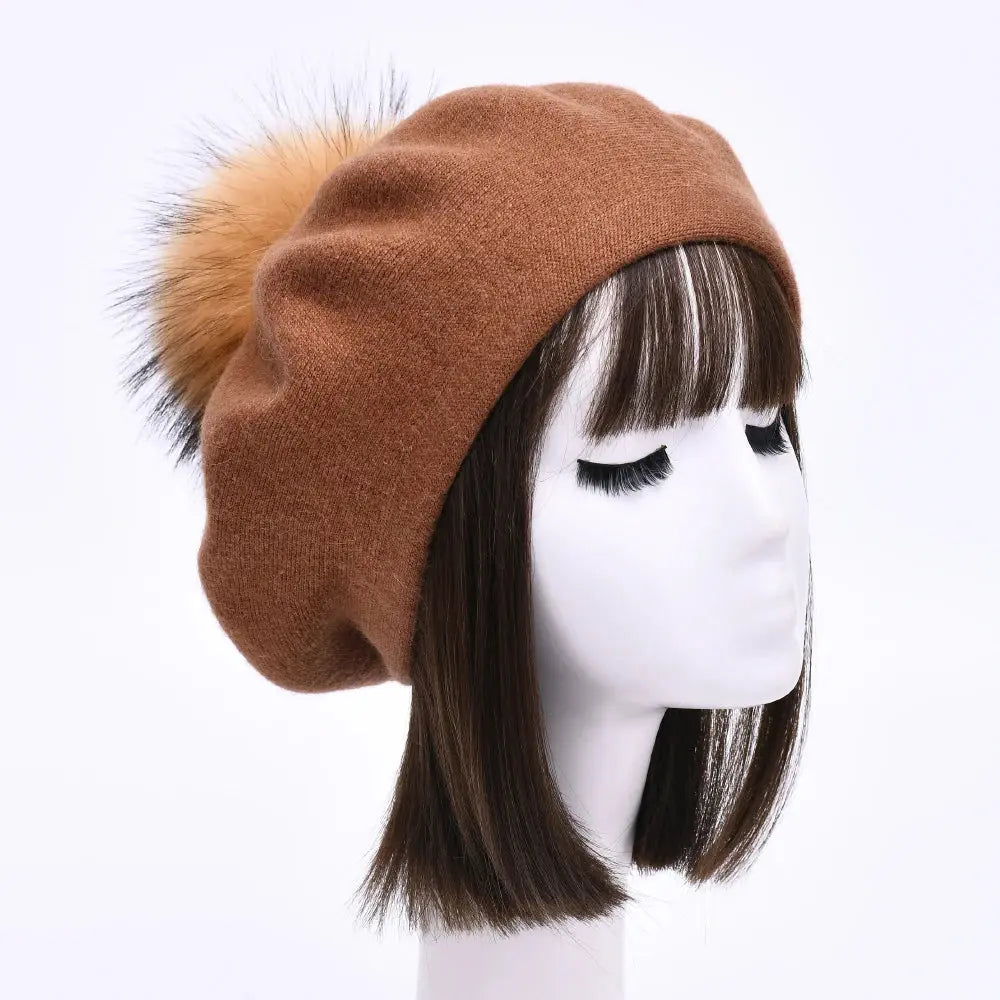 Winter Women's Knitted Wool Beret with Natural Raccoon Fur Pom-Pom Family Shopolf