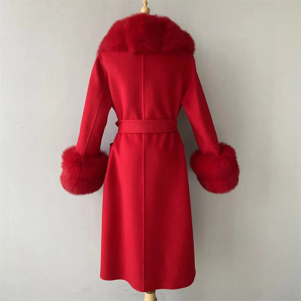 Women's Cashmere and Jasmine Wool Trench Coat with Fur Collar Family Shopolf