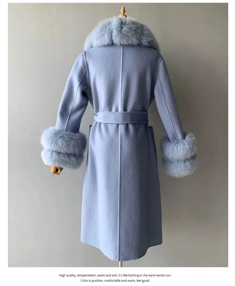 Women's Cashmere and Jasmine Wool Trench Coat with Fur Collar Family Shopolf