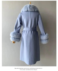 Women's Cashmere and Jasmine Wool Trench Coat with Fur Collar Family Shopolf