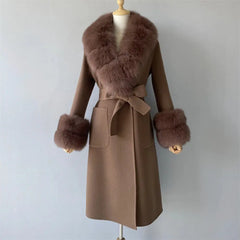 Women's Cashmere and Jasmine Wool Trench Coat with Fur Collar Family Shopolf