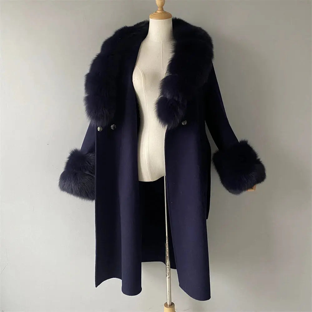 Women's Cashmere and Jasmine Wool Trench Coat with Fur Collar Family Shopolf