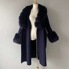 Women's Cashmere and Jasmine Wool Trench Coat with Fur Collar Family Shopolf