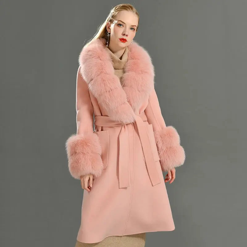 Women's Cashmere and Jasmine Wool Trench Coat with Fur Collar Family Shopolf