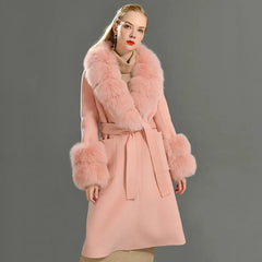 Women's Cashmere and Jasmine Wool Trench Coat with Fur Collar Family Shopolf