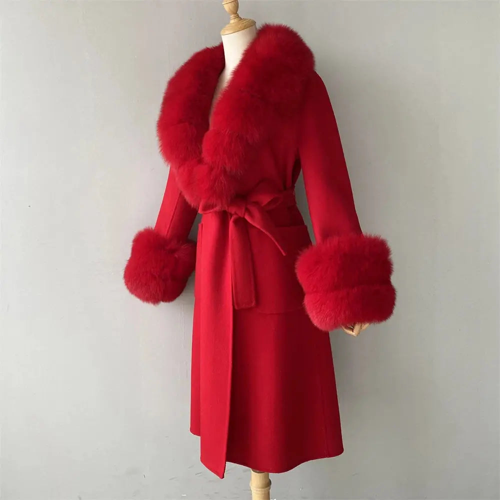 Women's Cashmere and Jasmine Wool Trench Coat with Fur Collar Family Shopolf