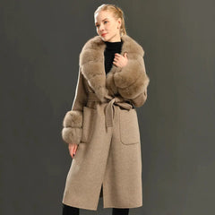 Women's Cashmere and Jasmine Wool Trench Coat with Fur Collar Family Shopolf