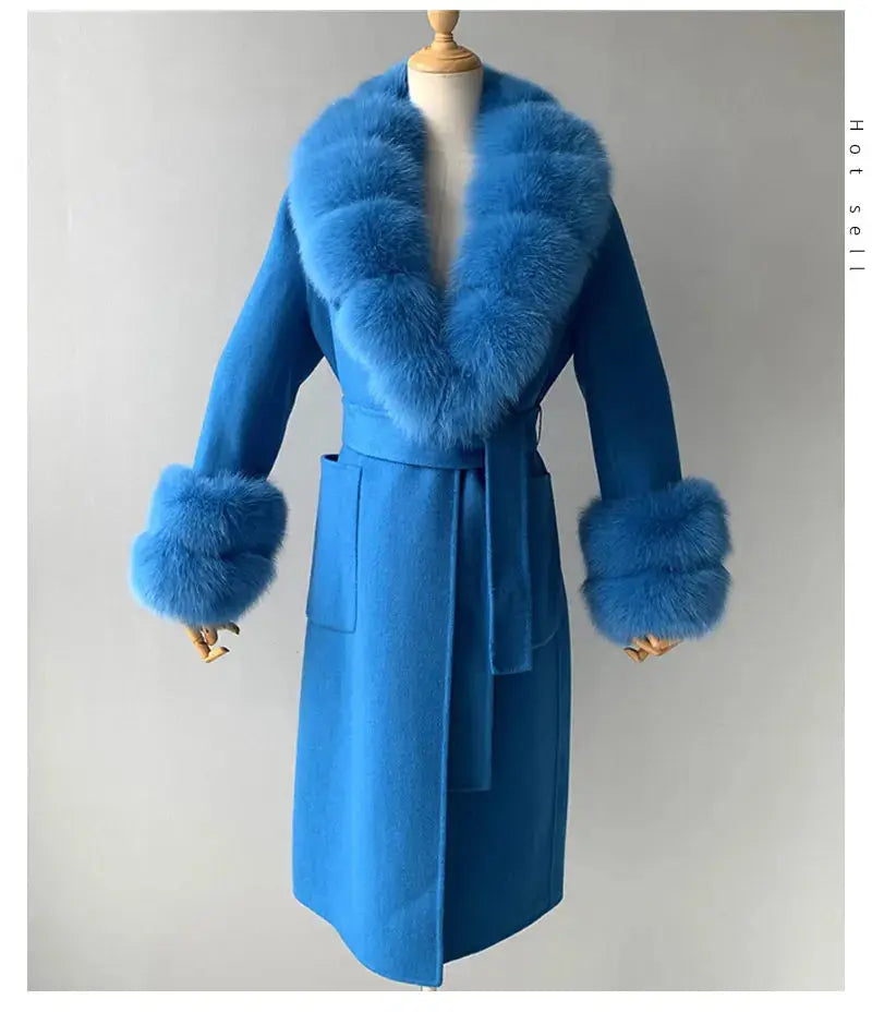 Women's Cashmere and Jasmine Wool Trench Coat with Fur Collar Family Shopolf