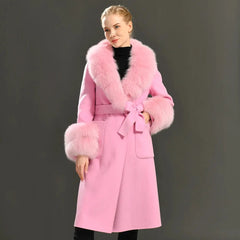 Women's Cashmere and Jasmine Wool Trench Coat with Fur Collar Family Shopolf