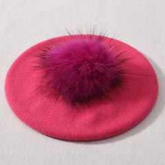 Winter Women's Knitted Wool Beret with Natural Raccoon Fur Pom-Pom Family Shopolf