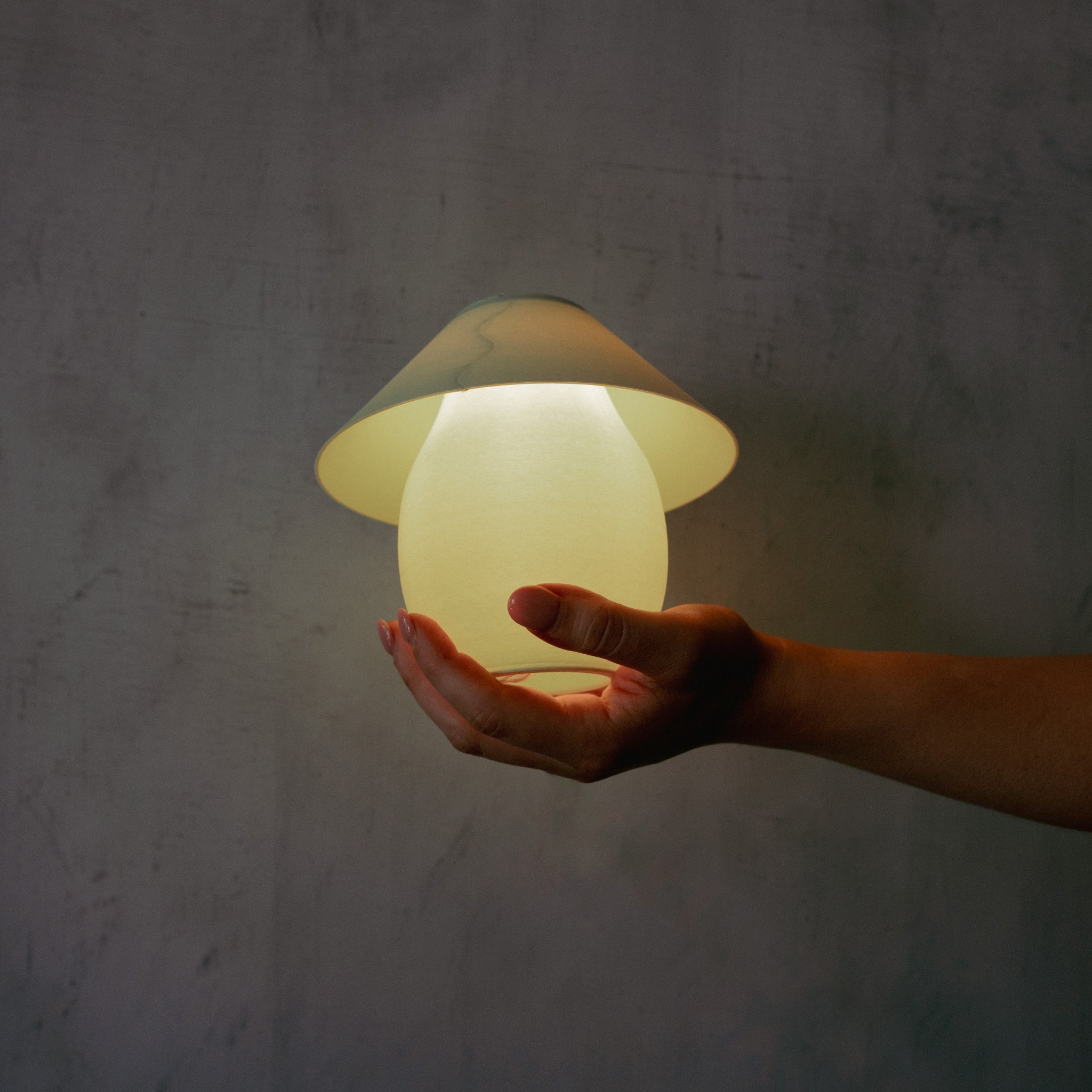 Hand holding a glowing mushroom-shaped lamp against a plain background
