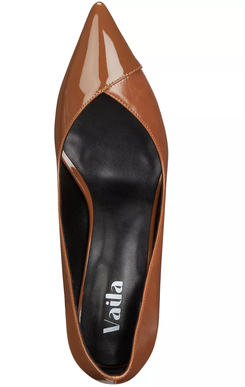 Brown high-heeled shoe with 'Vaila' branding on a white background