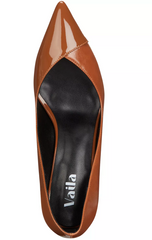 Brown high-heeled shoe with 'Vaila' branding on a white background