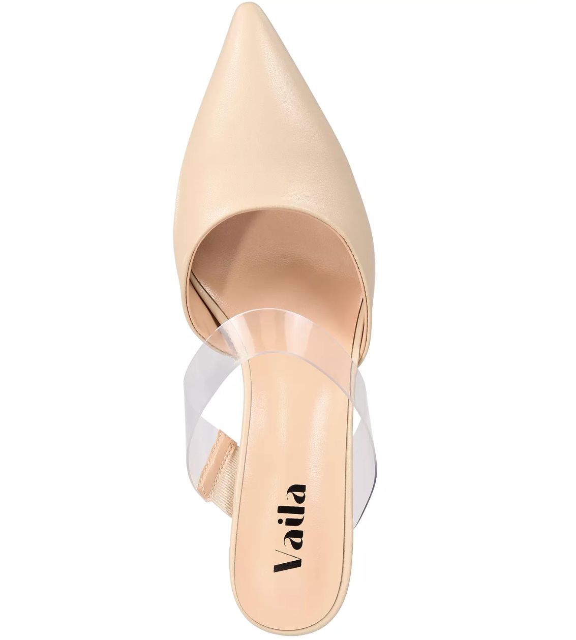 Beige pointed-toe high heel with clear strap on a white background