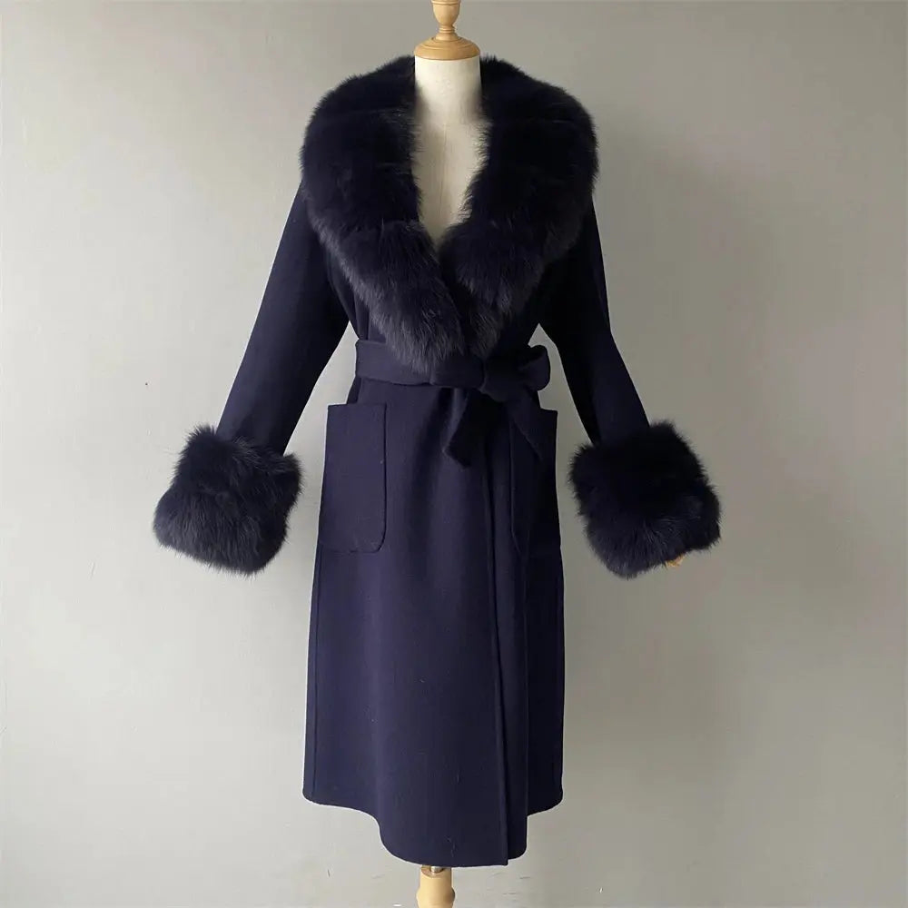 Women's Cashmere and Jasmine Wool Trench Coat with Fur Collar Family Shopolf