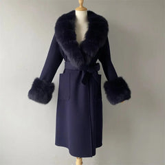 Women's Cashmere and Jasmine Wool Trench Coat with Fur Collar Family Shopolf