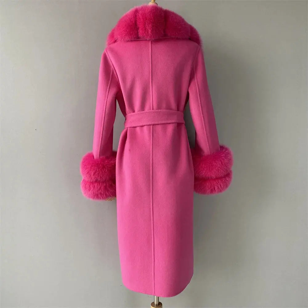Women's Cashmere and Jasmine Wool Trench Coat with Fur Collar Family Shopolf