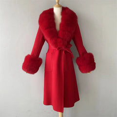 Women's Cashmere and Jasmine Wool Trench Coat with Fur Collar Family Shopolf