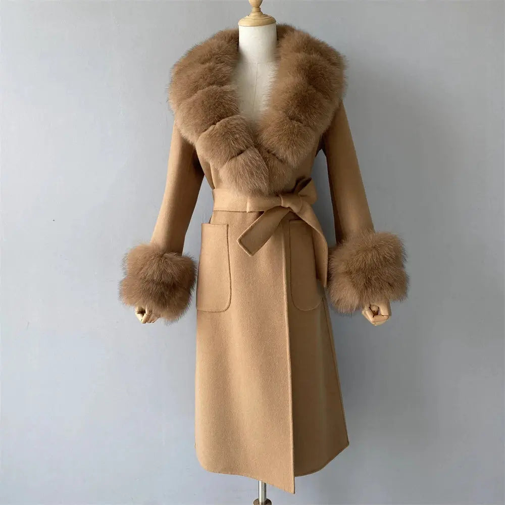 Women's Cashmere and Jasmine Wool Trench Coat with Fur Collar Family Shopolf