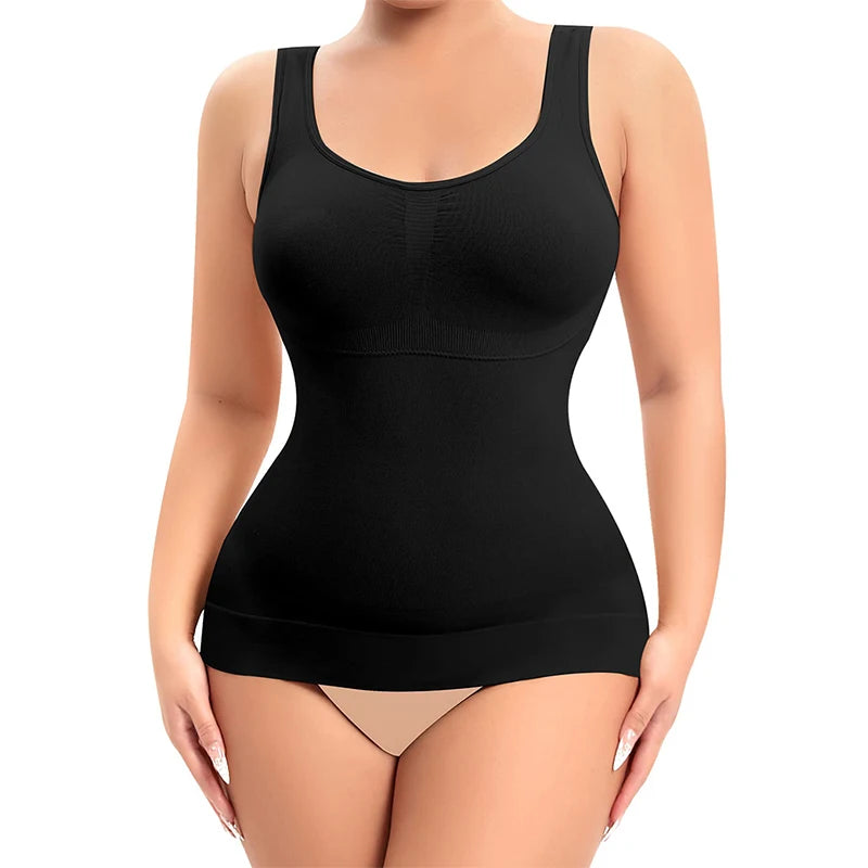 Black shapewear garment worn by a model on a white background