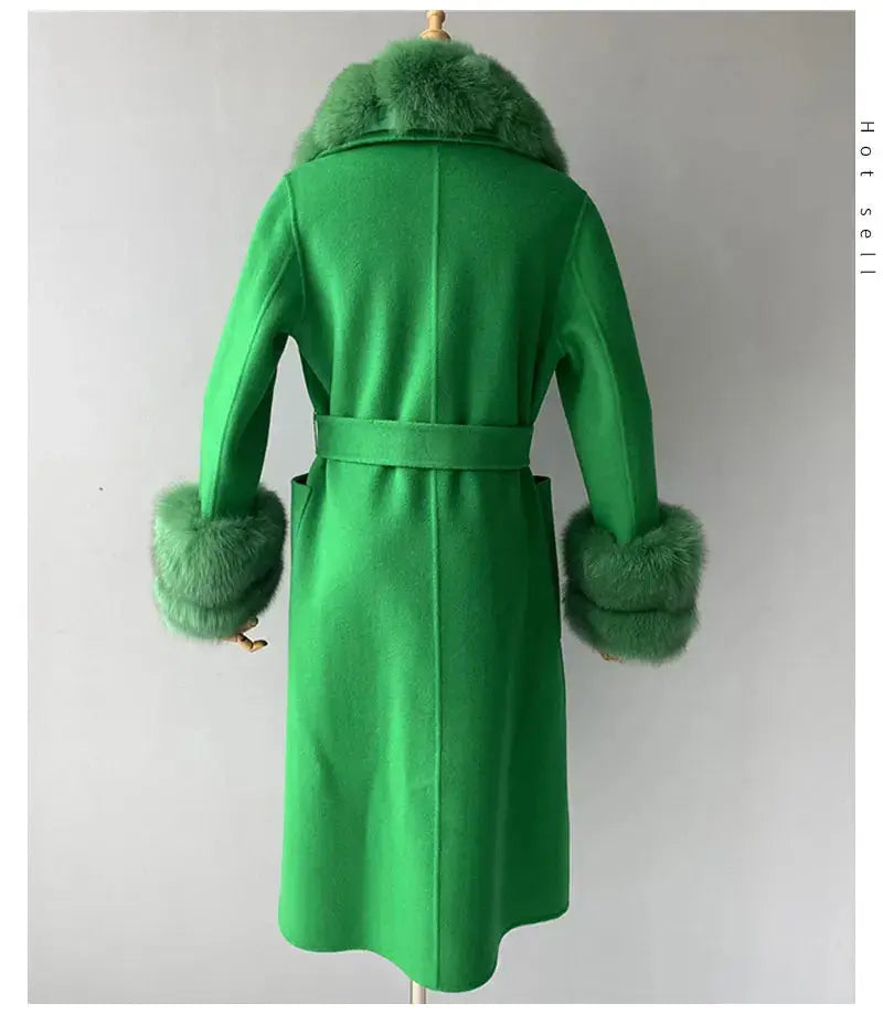 Women's Cashmere and Jasmine Wool Trench Coat with Fur Collar Family Shopolf