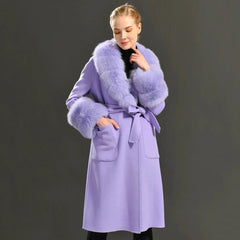 Women's Cashmere and Jasmine Wool Trench Coat with Fur Collar Family Shopolf