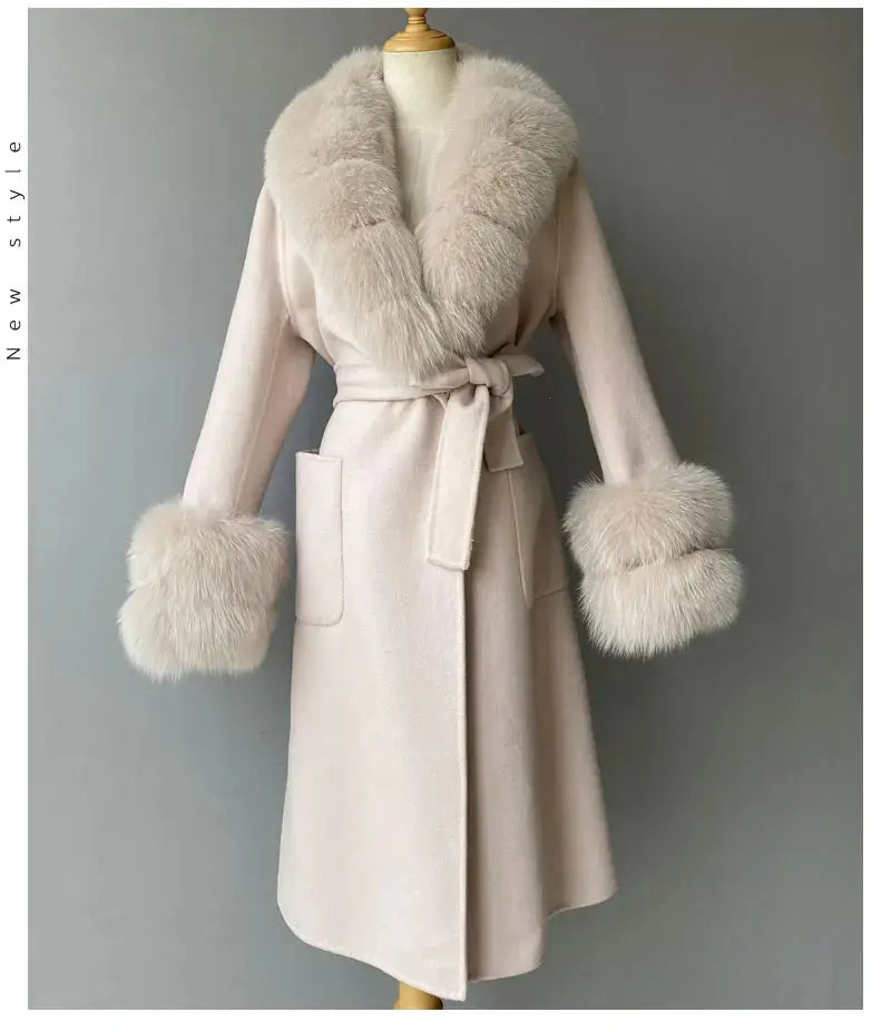 Women's Cashmere and Jasmine Wool Trench Coat with Fur Collar Family Shopolf