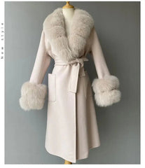 Women's Cashmere and Jasmine Wool Trench Coat with Fur Collar Family Shopolf