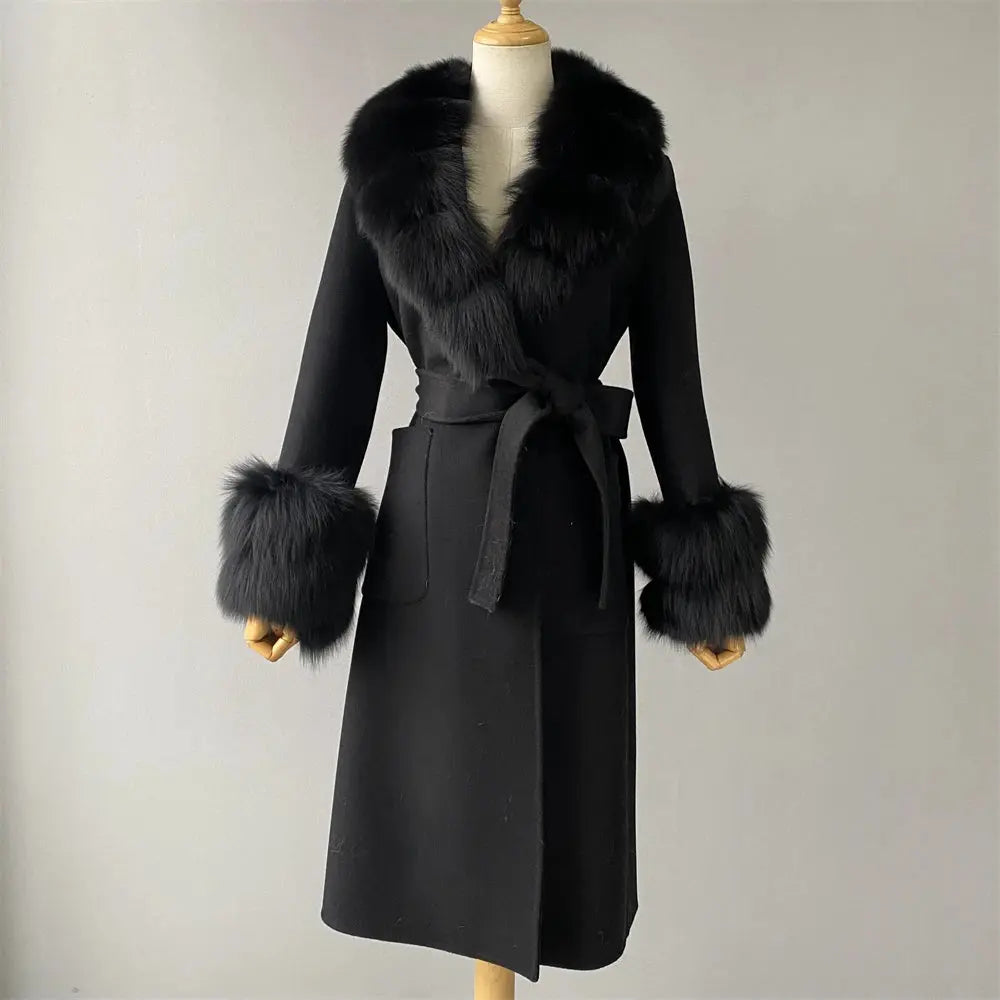 Women's Cashmere and Jasmine Wool Trench Coat with Fur Collar Family Shopolf