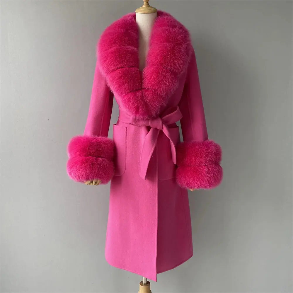 Women's Cashmere and Jasmine Wool Trench Coat with Fur Collar Family Shopolf