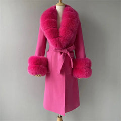 Women's Cashmere and Jasmine Wool Trench Coat with Fur Collar Family Shopolf