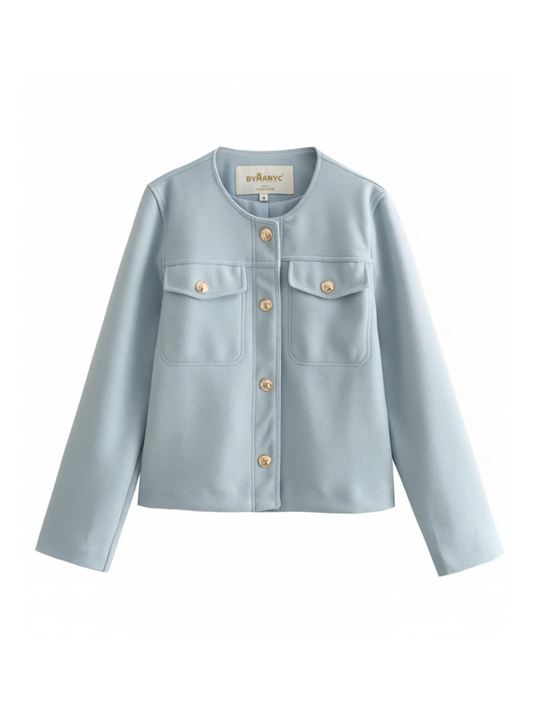 Light blue jacket with gold buttons on a white background