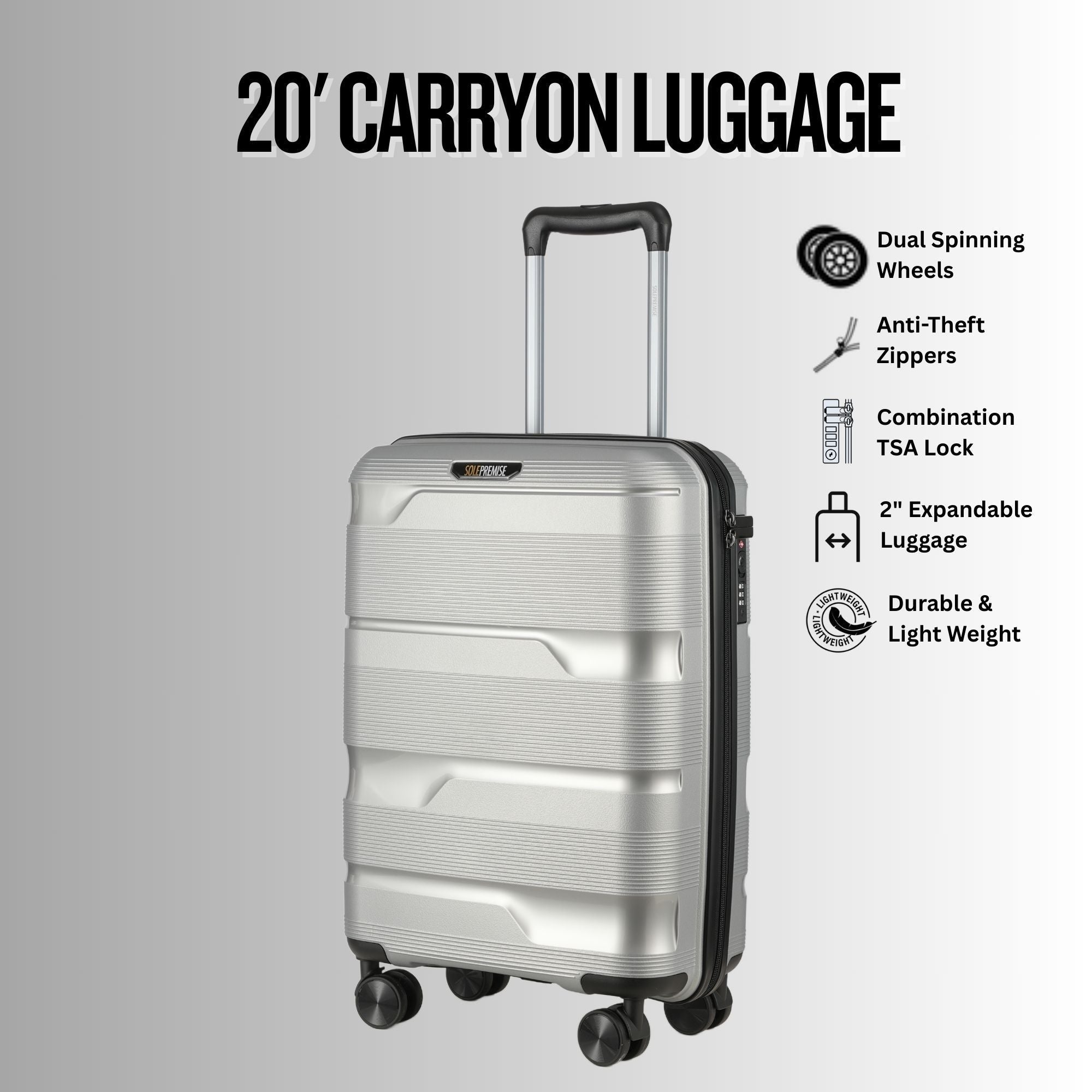 20-inch Silver Carry-On Hardcase Roller Luggage with 360° Wheels Sole Premise