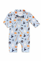 A baby long-sleeve romper in light blue with an all-over Halloween print featuring orange pumpkins, black witches' hats, white ghosts, and broomsticks, shown flat on a white background.
