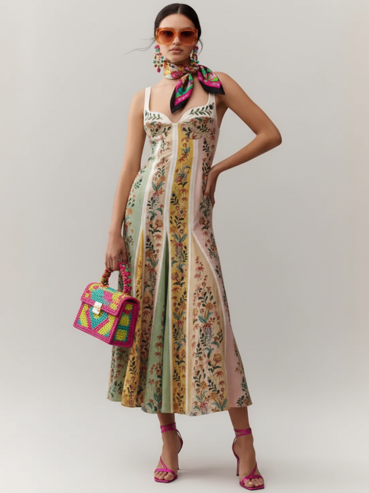 Woman wearing a floral dress with a colorful handbag on a plain background