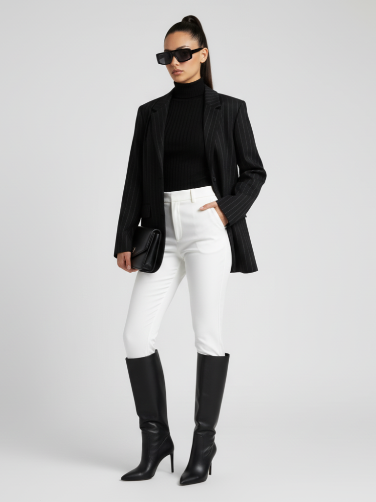 Person wearing a black blazer, black top, white pants, and black knee-high boots on a light gray background
