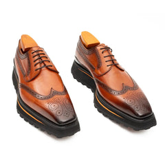 Thick-soled calfskin formal brogue derby shoes Brown