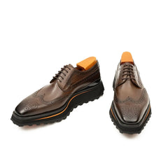 Thick-soled calfskin formal brogue derby shoes coffee
