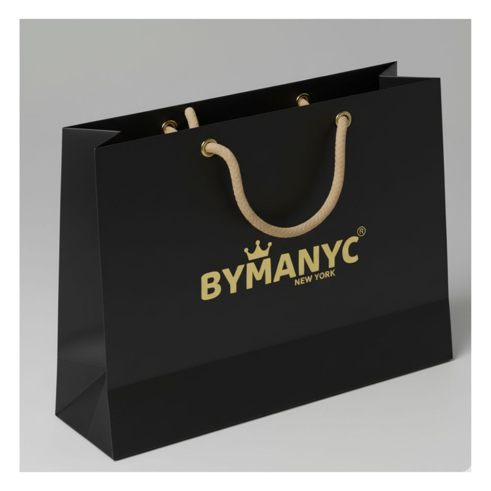 Black shopping bag with 'BYMANYC' logo on a gray background