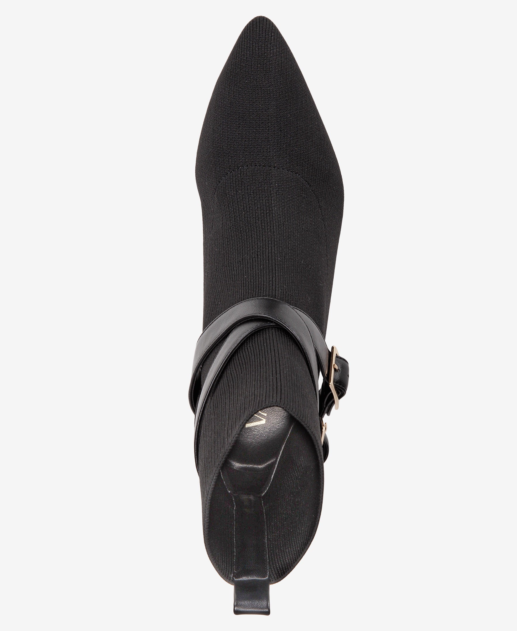 Black pointed-toe boot with a strap on a white background