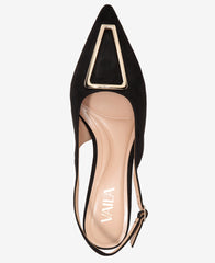 Black high-heeled shoe with gold accent on a white background