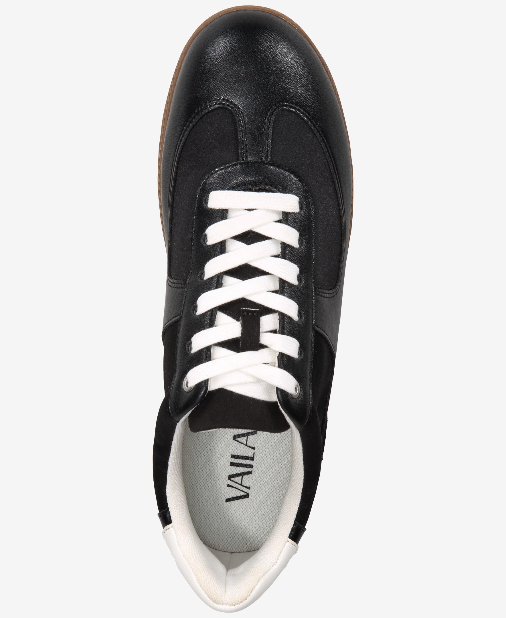 Black sneaker with white laces on a white background