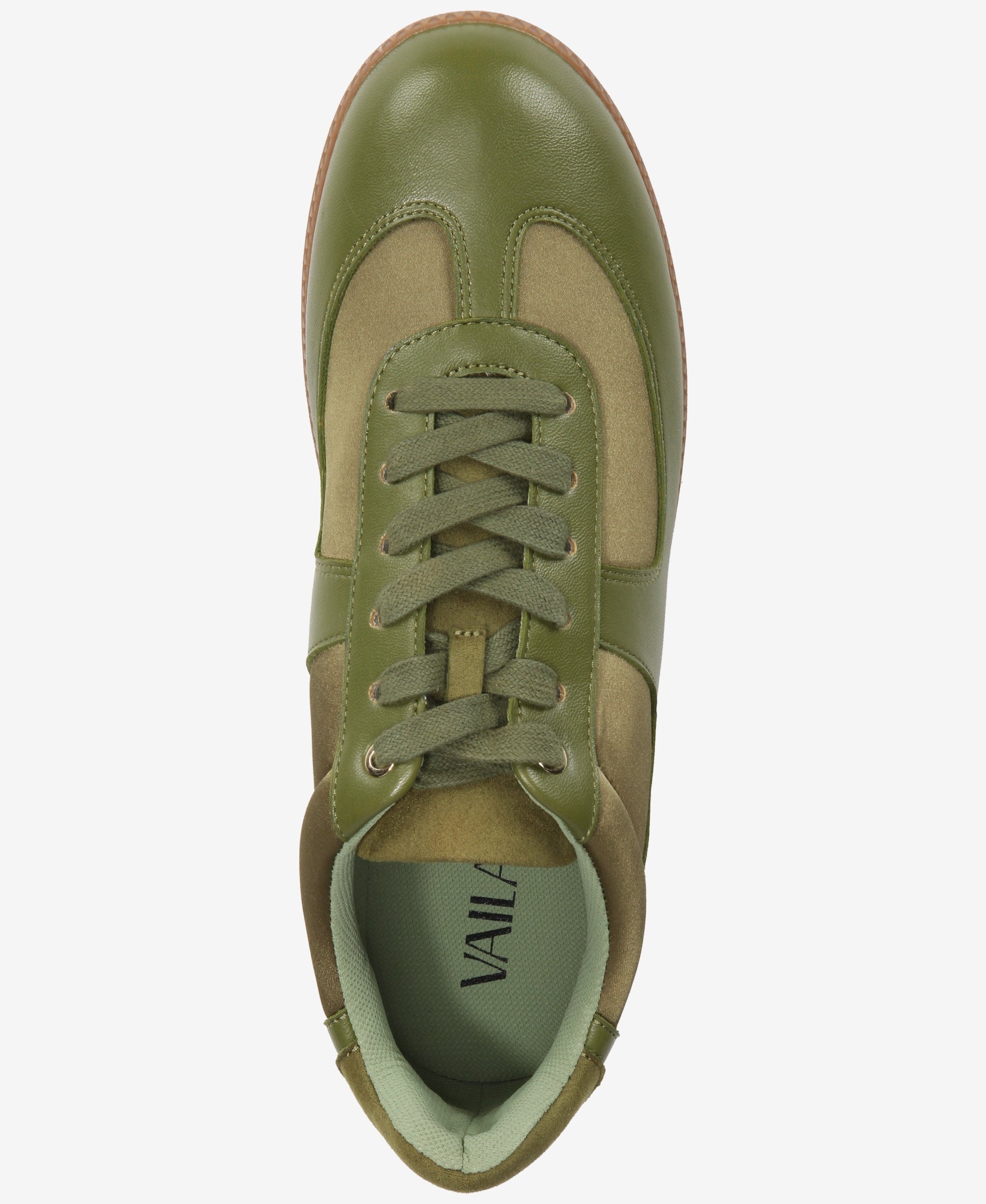 Green sneaker with brown accents on a white background