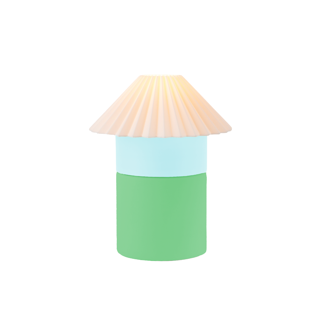 Lamp with a green base and beige top on a white background