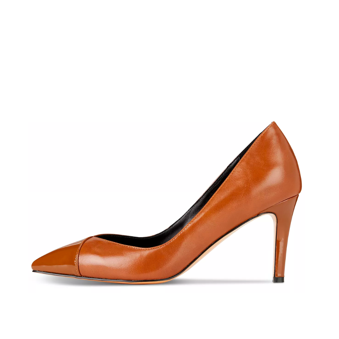 Brown high-heeled shoe on a white background