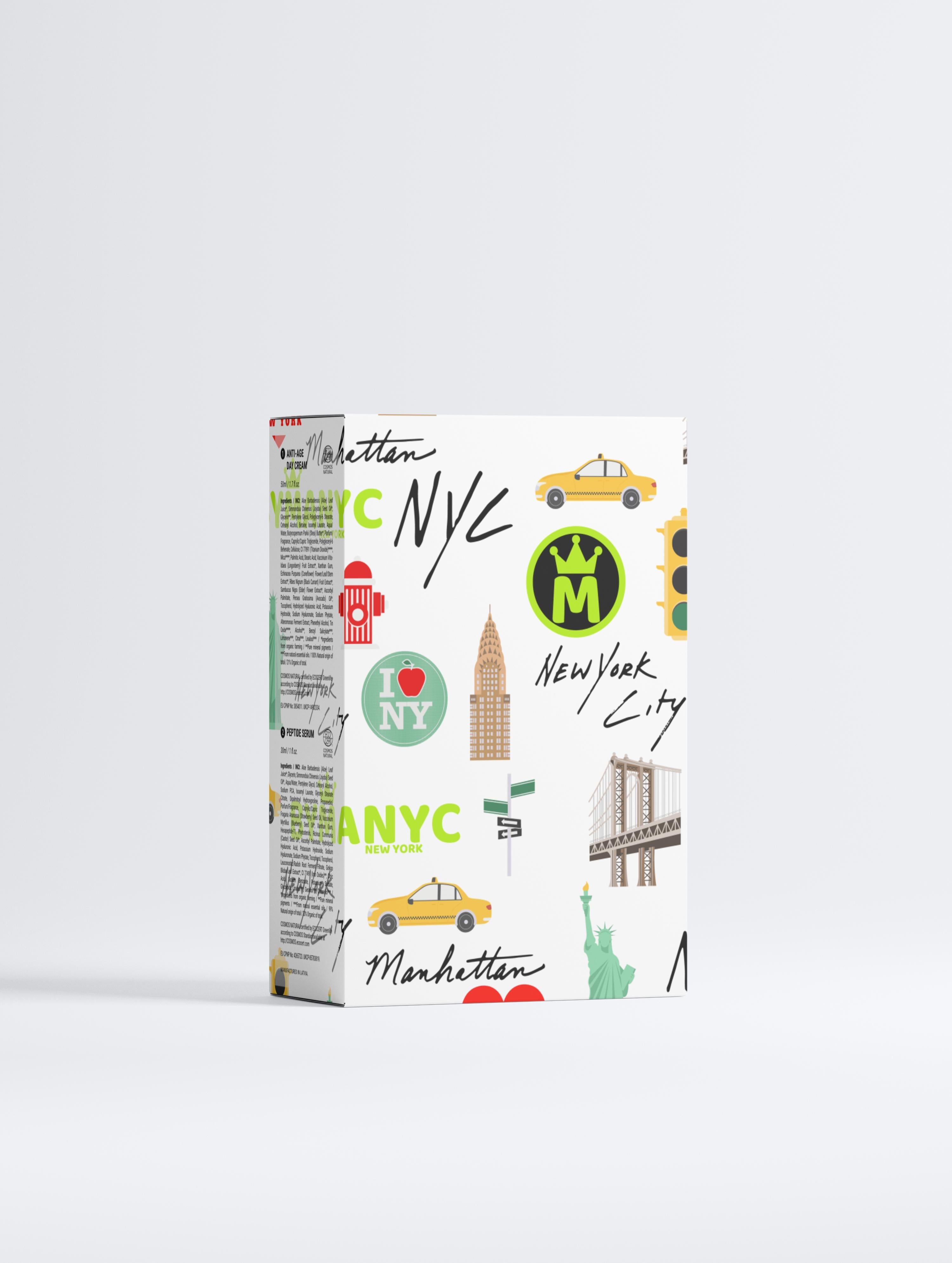 Box with New York City-themed graphics on a white background