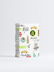 Box with New York City-themed graphics on a white background